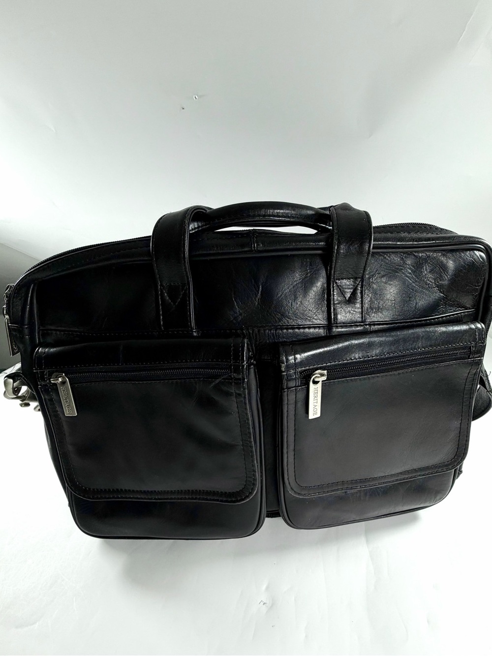 Heritage Black Leather Laptop Briefcase Messenger Bag Travel Organizer